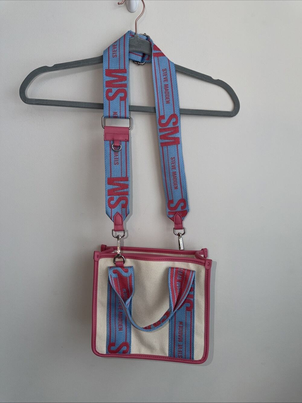 Steve Madden Cream Pink Blue Tik Tok Canvas Tote Bag Crossbody Purse BWEBBER